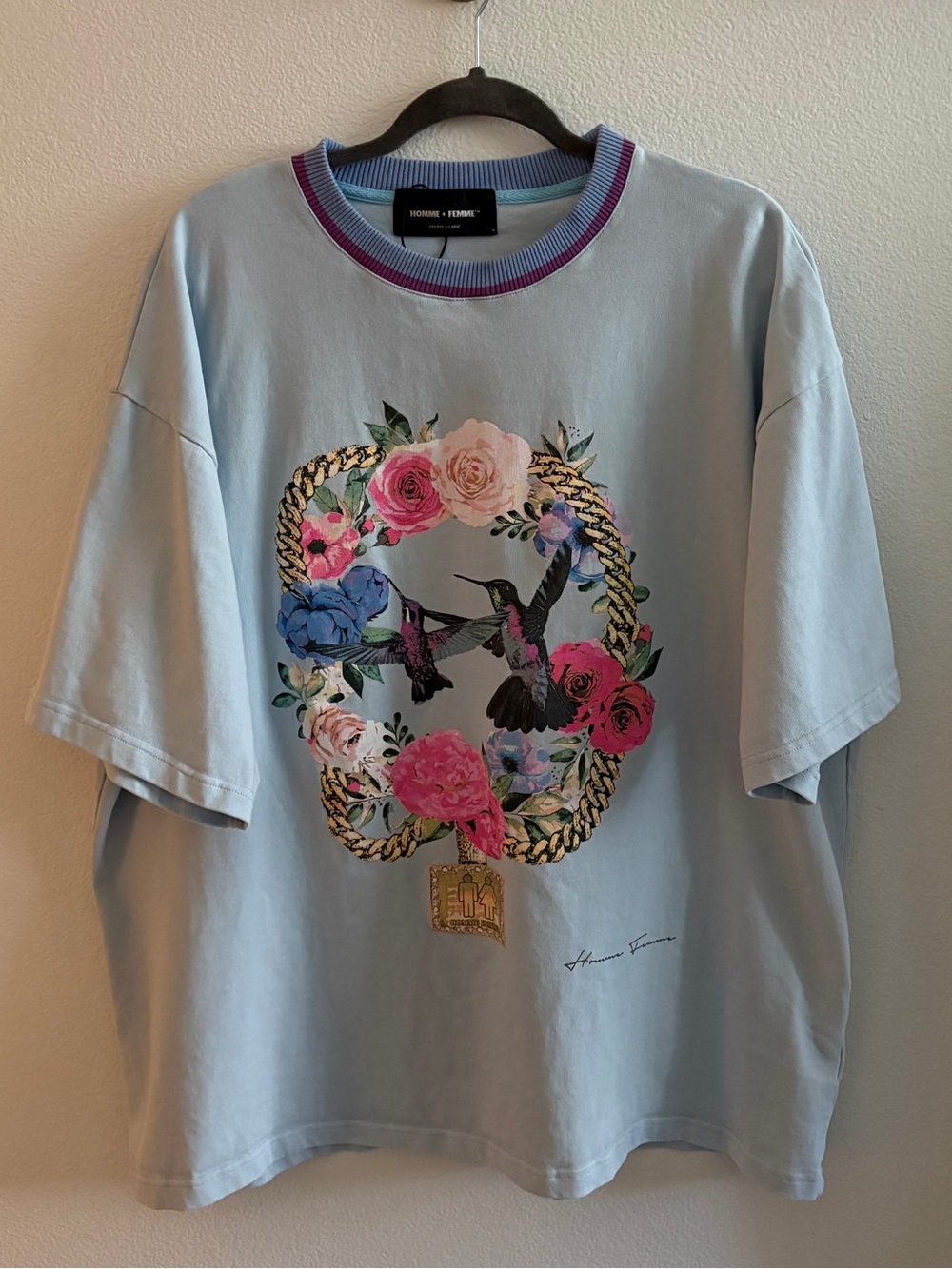 Homme + Femme - PARADISE CHAIN Blue Oversized Premium Cotton T-Shirt XXL NWOT